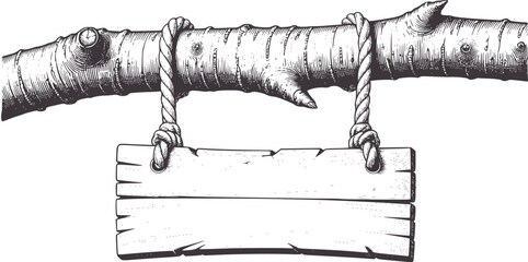 Black and white line of a wooden sign hanging from a tree branch with rope © Mehedy