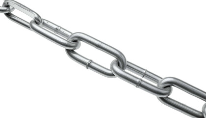 Obraz premium Close-up diagonal view of a metallic chain, with reflective links against a solid black background. The chain's texture is apparent