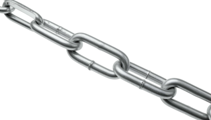 Close-up diagonal view of a metallic chain, with reflective links against a solid black background. The chain's texture is apparent