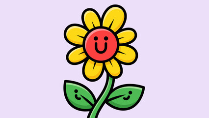 Cheerful Cartoon Sunflower with Smiling Face and Leaf Details.