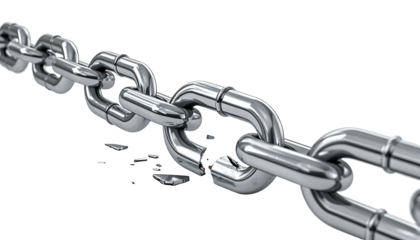 A close-up of a broken metallic chain, rendered with glossy, reflective surfaces