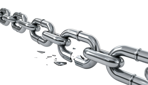 A close-up of a broken metallic chain, rendered with glossy, reflective surfaces - Powered by Adobe