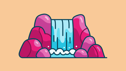 Cartoon Waterfall Illustration with Pink Rocks and Blue Water.