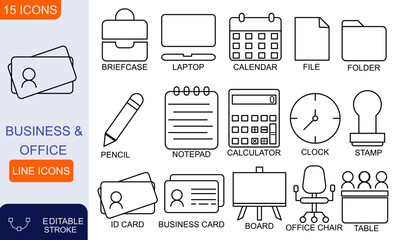 15 editable line icons of business and office items including briefcase, laptop, calendar, file, folder, pencil, notepad, calculator, chair
