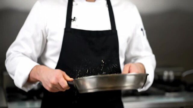 Chef cooking an omelet in a pan on an induction hob in a professional kitchen