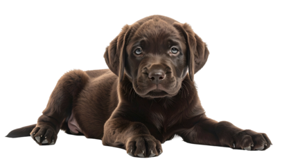 Brown puppy, lying down, looking at camera, against black background