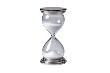 Clear glass hourglass with white sand and silver trim on black background time, Png, Isolated on Transparent Background, Cut Out