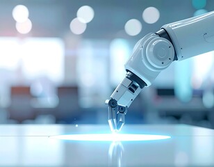 Close-up of a robotic arm reaching toward a bright, glowing circle on a white table. Blurred background