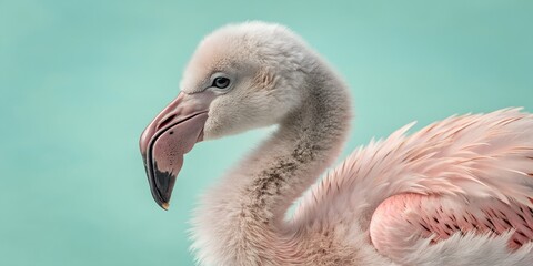 Young flamingo bird profile featuring pale pink feathers and characteristic curved beak against turquoise water background scene