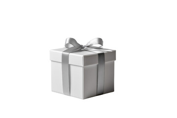 White gift box with silver ribbon tied in a bow on black background image, Png, Isolated on Transparent Background, Cut Out