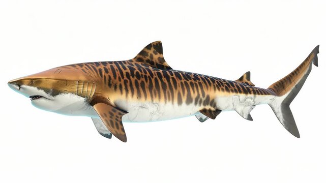 A 3D rendered of a shark with a unique pattern, resembling that of a zebra or tiger, swimming in the ocean.