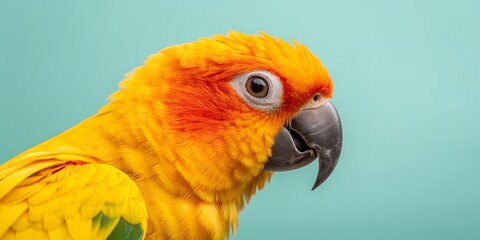 Bright sun conure parrot head portrait showing vivid yellow orange plumage against teal