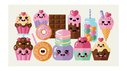 Sweet Temptations: A collection of delightful, smiling cupcakes, donuts, and sweet treats tempt the taste buds with their adorable and cheerful expressions.