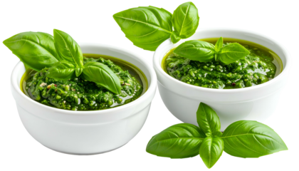 Two white bowls of vibrant green sauce, basil sprigs garnishing, transparent background