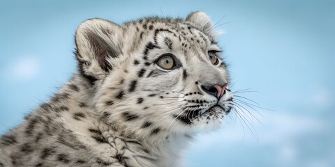 Obraz premium Adorable snow leopard cub portrait with light eyes against soft blue snowy background