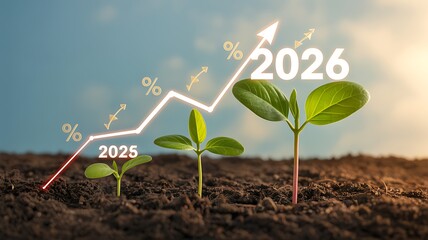Sustainable growth concept with seedlings and increasing graph line to 2026