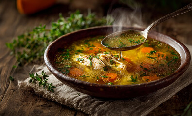 Bowl of Homemade Chicken Soup Served with Spoon, Visible Steam, Herbs and Tablecloth in Soft-Blur Background
