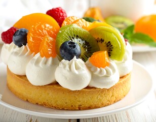 Close-up of a fruit tart, arranged with colorful slices and berries atop white whipped cream on a golden pastry crust
