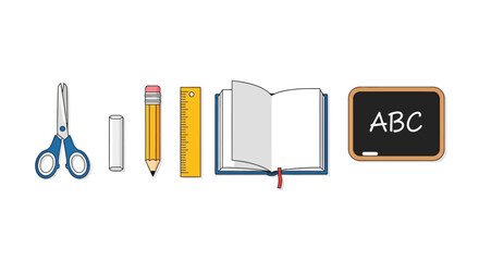 Illustration of school supplies, including a book, ruler, and blackboard concept of study