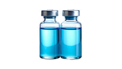 Two glass vials filled with a clear blue liquid, against a stark black backdrop