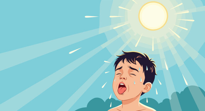 Little boy sweating and looking exhausted while standing under a powerful and scorching hot sun in the middle of summer.