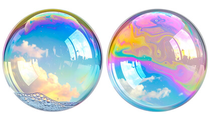 Two translucent spheres reflect skies & swirling colors, with foam at left