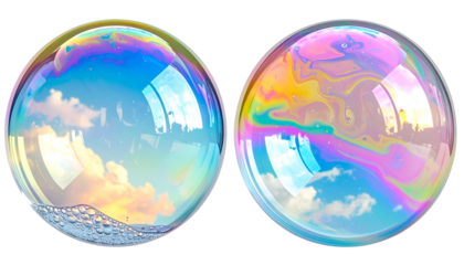 Two translucent spheres reflect skies & swirling colors, with foam at left