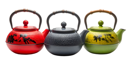 Three colorful cast iron teapots with bamboo handles and floral designs