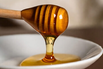 Golden Honey Dripping from Wooden Honey Dipper