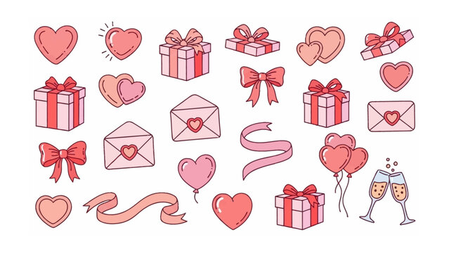 Love's Essentials: An array of adorable illustrations celebrating the joy of love, romance, and gifting. Featuring heart shapes, gift boxes, and love letters.