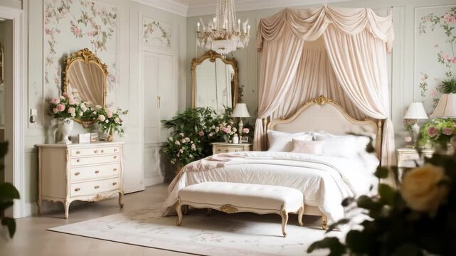 Elegant bedroom with a canopy bed, ornate mirrors, and floral wallpaper.