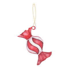 Watercolor illustration of candy toys on the Christmas tree, red and white. 