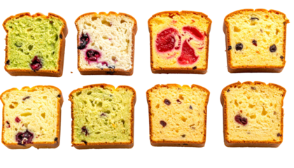 Sliced, colorful artisanal bread variations, showcasing various fruit inclusions and textures