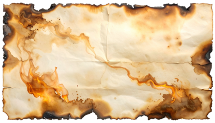 Aged, unfolded paper with burnt edges and detailed discoloration patterns, folded creases