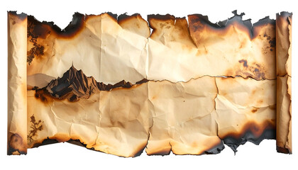 Burned parchment scroll unfurled, landscape painting visible. Edges charred, aged appearance