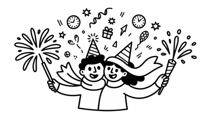 New Year Celebration: A cheerful couple celebrates the new year with fireworks, party hats, and festive decorations, full of joy and anticipation.