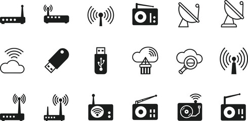Wireless communication technology icon set featuring wifi routers radio receivers satellite dishes cloud computing and signal broadcasting symbols for network connectivity and telecommunications