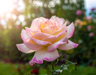 Close-up of a fully bloomed flower with layers of soft pink and white petals with a yellow center, with a sunlit garden backdrop