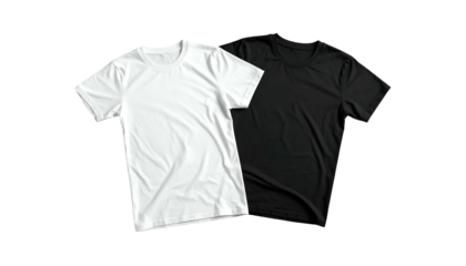 Two plain crew neck t-shirts, one white and one black, lie flat, slightly overlapping
