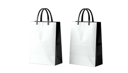 Two stylish paper shopping bags with white front and black sides and handles