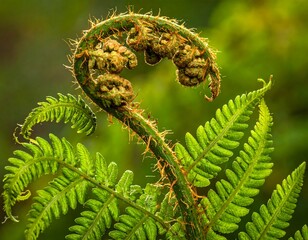 Close-up of a vibrant fern frond unfurling, showcasing a coiled tip. Soft, natural light highlights the intricate details of the plant