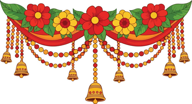 Festive Indian Toran decoration with red and yellow flowers green leaves and hanging golden bells on a white background celebrations and cultural
