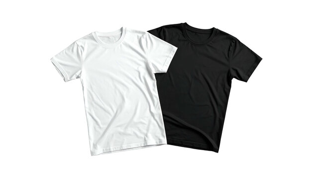 Two plain crew neck t-shirts, one white and one black, lie flat, slightly overlapping