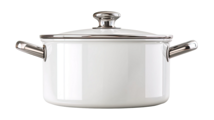 A shiny stainless steel saucepan, pot, and pan with glass lids are isolated kitchenware utensils made of metal and steel equipment for cooking food in a kitchen