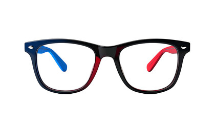 Fototapeta premium Black frame glasses with red and blue tinted earpieces, on a stark, black background