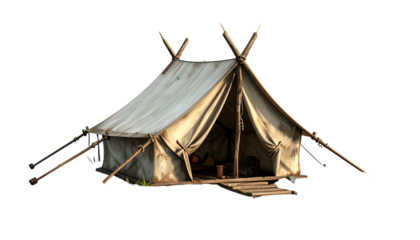 A weathered canvas tent, constructed with wooden poles and flooring, isolated on black