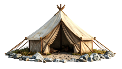 A canvas tent framed by wooden poles, surrounded by stones, casting shadows