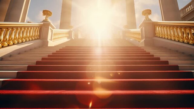 A majestic staircase with grand columns and gold accents leads upwards with sunlight streaming through the top of the frame.