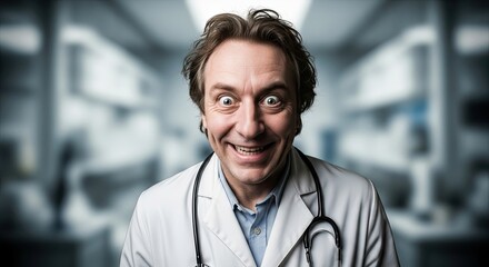 Fototapeta premium Mad Scientist: A close-up shot features a doctor with an exaggerated expression of madness and excitement, dressed in a doctor's coat, evoking the atmosphere of a chaotic laboratory.