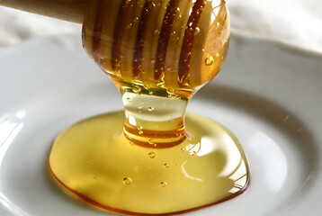 Golden Honey Dripping from Wooden Honey Dipper